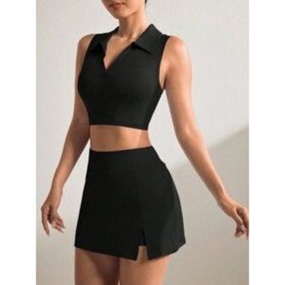 Solid Color Polo Collar Sleeveless Top And Elastic Waist Split Skort